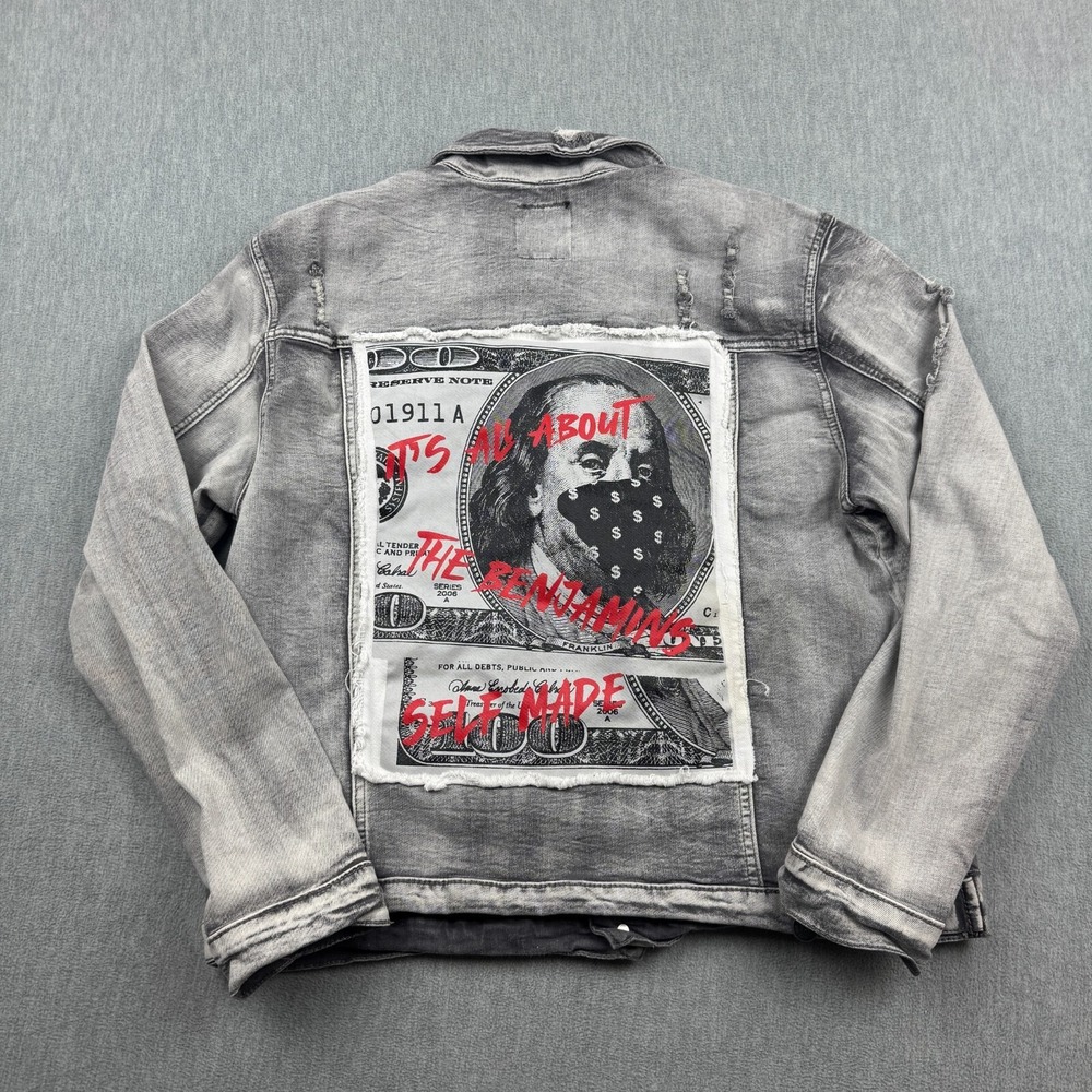 Spark Premium Denim Jacket Women Large Gray Trucker Benjamins Cash Graphic Print
